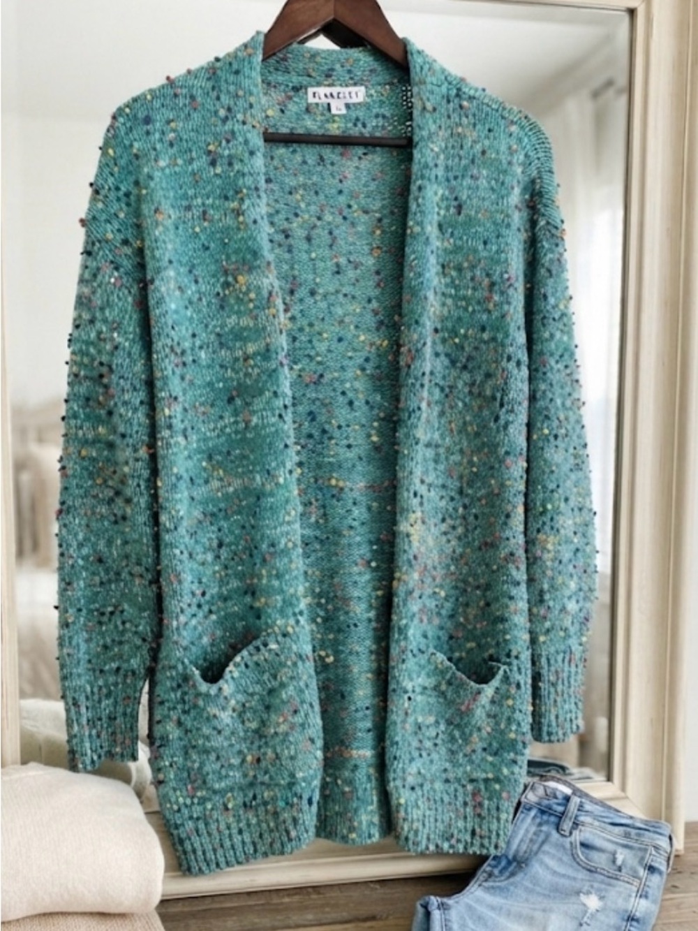 NWOT Blakely Francesca's Collections Teal Speckled Open-Front Pocket Cardigan